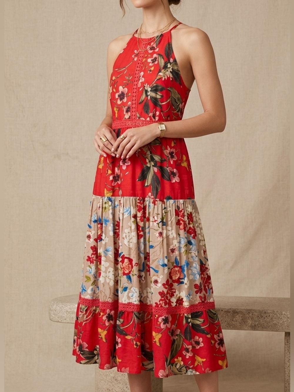 Cupio Red Floral Tiered‎ Halter Midi Dress Crochet Lace Trim Womens Large L